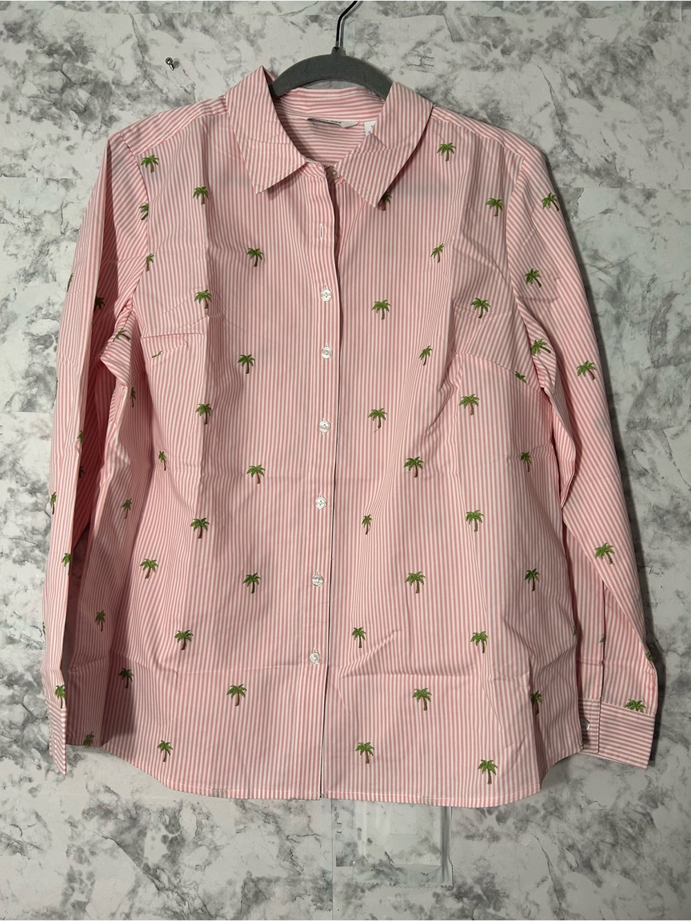 Lemon Pink Striped Button-Down Shirt with Green Palm Embroidery